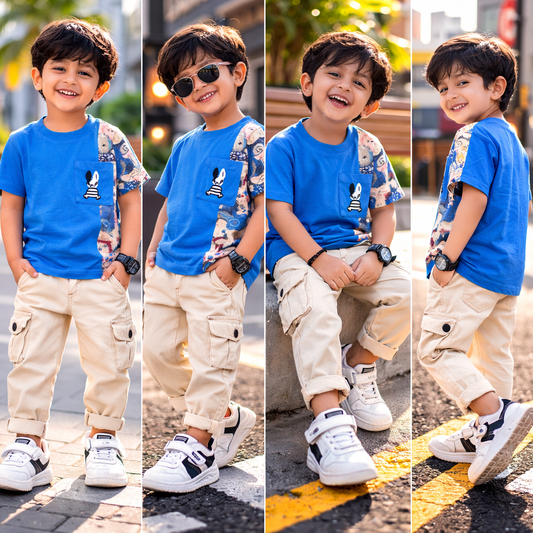 Kids Two-Tone T-Shirt with Teddy Bear Print, Pocket Detail