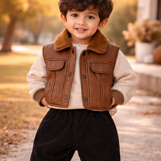 Boys Brown Solid Sleeveless Jacket With T-Shirt
