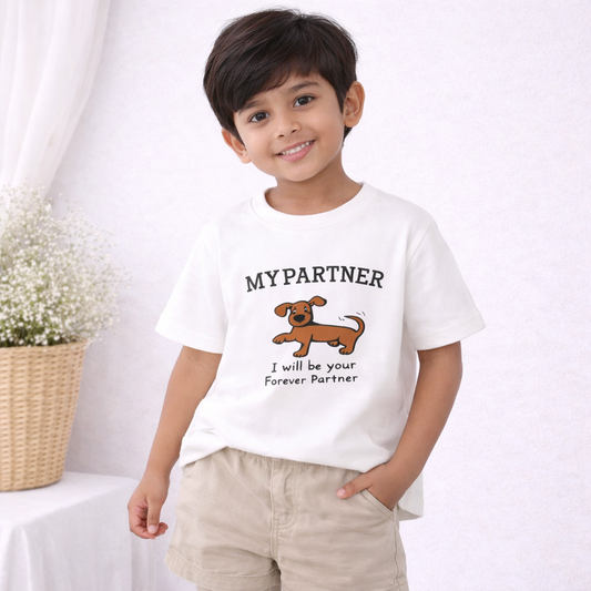 Kids Cotton T-Shirt with Dog Print, Short Sleeves, Casual Wear
