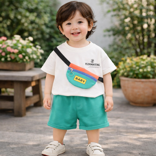 Kids Outfit Set, White T-Shirt with Fanny Pack Print and Shorts