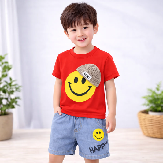 Kids Outfit Set, Smiley Print T-Shirt and Denim Shorts, Casual Wear