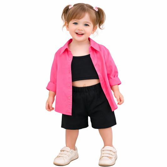 Girls Self Design Shirt With Camisole Top & Shorts