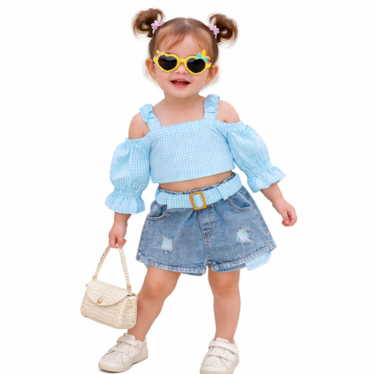 Girls' Cold Shoulder Gingham Crop Top and Denim Shorts Set, Distressed Style