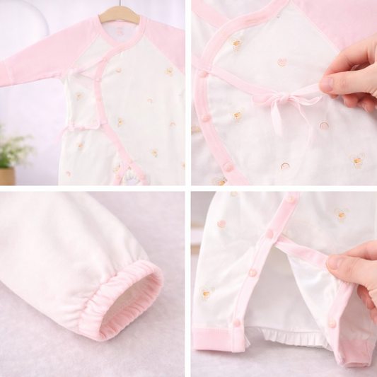 Baby Sleepwear Romper with Floral Embroidery, Long Sleeve, Tie-Front Design