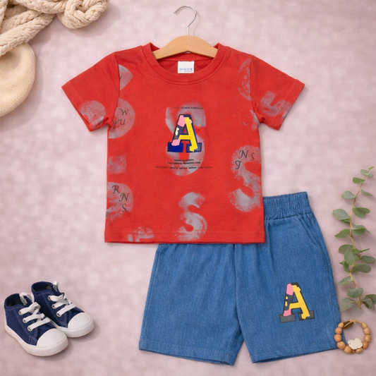 Kids Summer Outfit Set, Letter A Print T-Shirt and Shorts, Casual Wear