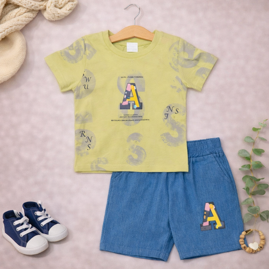 Kids Summer Outfit Set, Letter A Print T-Shirt and Shorts, Casual Wear