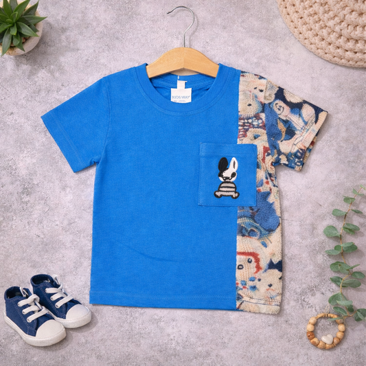 Kids Two-Tone T-Shirt with Teddy Bear Print, Pocket Detail
