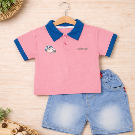 Kids Cotton Polo T-Shirt with Navy Collar, Casual Wear