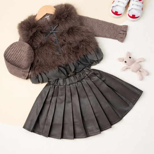 Girls Winter Knit Dress with Faux Fur Vest, Pleated Skirt and Belt