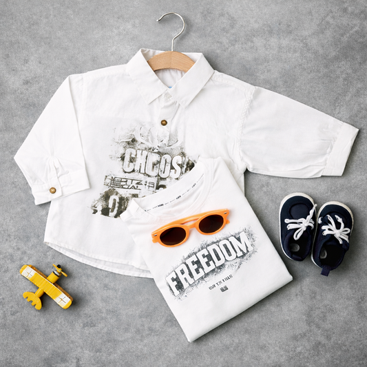 Kids White Cotton Long Sleeve Shirt with Graphic Print T- Shirt