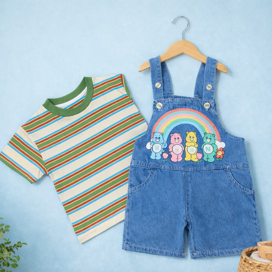 Toddler Denim Overalls with Rainbow Animal Design, Striped T-Shirt Set