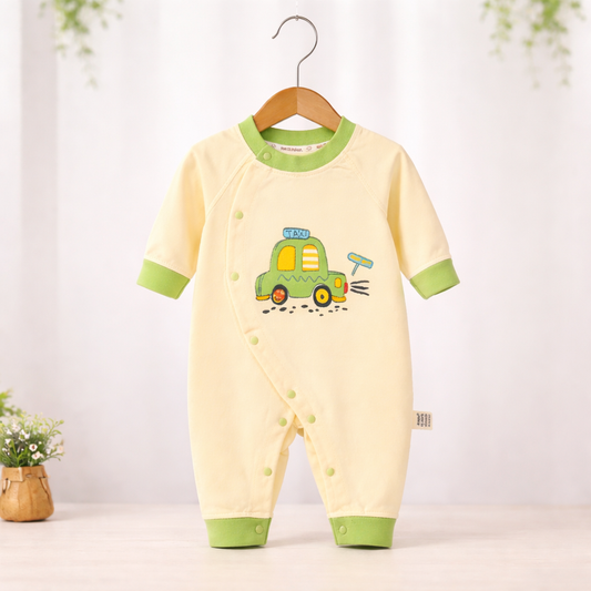 Baby Romper with Car Design, Cotton Blend, Light Yellow and Green, Long Sleeve