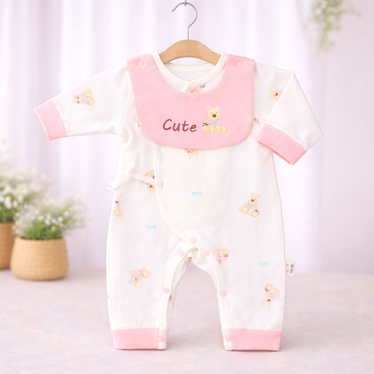 Baby Print Romper with Bib, Long Sleeve Cotton Sleepsuit, Pink and White, Animal Design