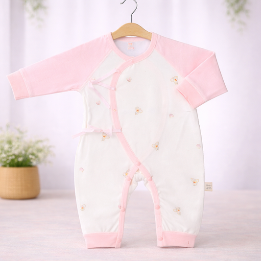 Baby Sleepwear Romper with Floral Embroidery, Long Sleeve, Tie-Front Design