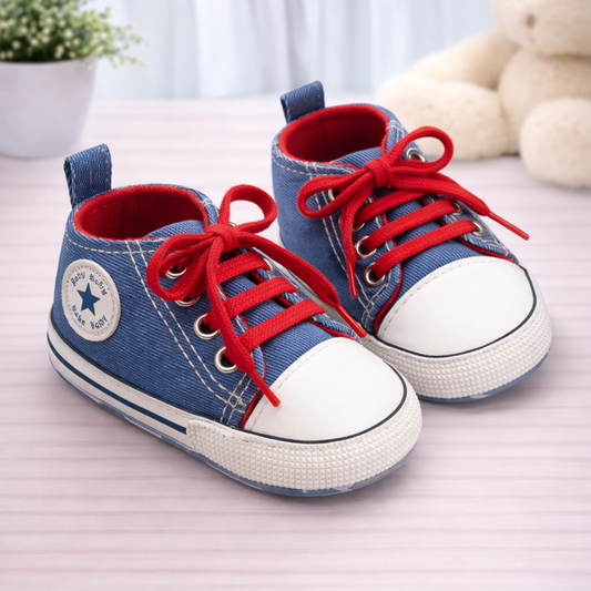 Baby Denim Canvas Sneakers with Red Laces, White Toe Cap, Infant Crib Shoes