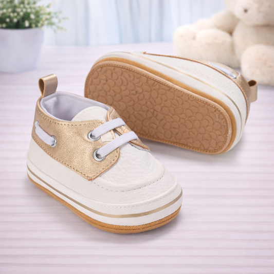 Baby Boat Shoes, Soft Sole Moccasins, Gold and White, Infant Crib Shoes