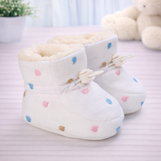 Soft Plush Winter Booties for Infants, White with Pink and Blue Hearts, Fur-Lined