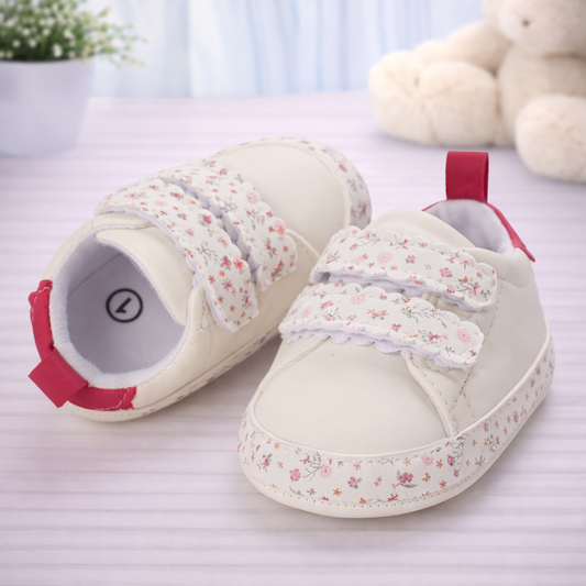 Baby Floral Print Sneakers, Hook and Loop Straps, Soft Sole, White and Pink