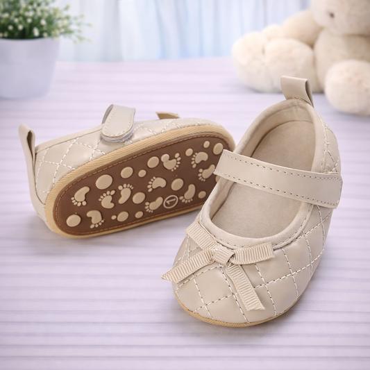 Baby Girls Mary Jane Shoes, Quilted Pattern, Non-Slip Sole, Beige