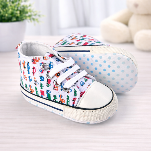 Baby High-Top Canvas Sneakers, White with Transport Print Pattern, Lace-up Design