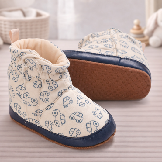 Baby Girls Boys Cotton Booties Soft Sole Vehicle Print Slippers