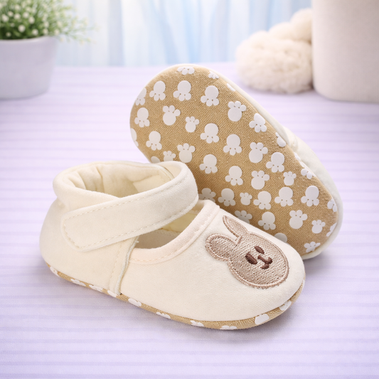 Baby Soft Sole Shoes, Bunny Design, Cream White, Hook and Loop Closure
