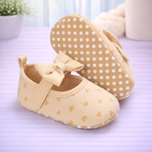 Baby Girl Mary Jane Shoes, Beige with Gold Hearts Pattern, Bow Design, Soft Sole