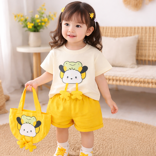 Kids Yellow Outfit Set, Cotton T-Shirt with Cartoon Print and Bow-Detail Shorts