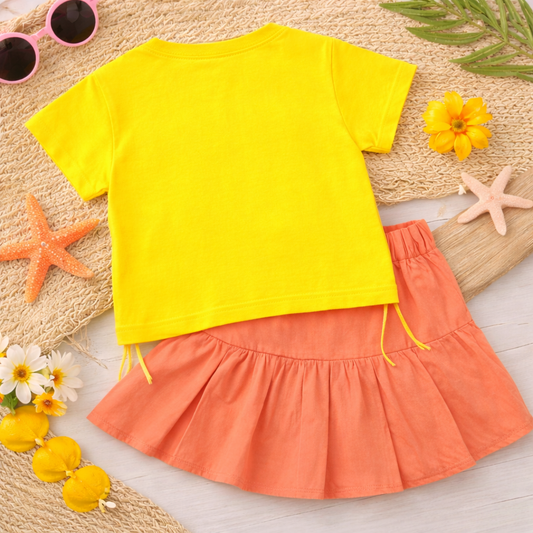 Kids Graphic Print T-shirt with Teddy Bear Design, Pleated Skirt Set