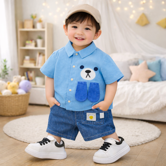 Baby Boys Cotton Bear Print Shirt and Shorts Set, Casual Wear