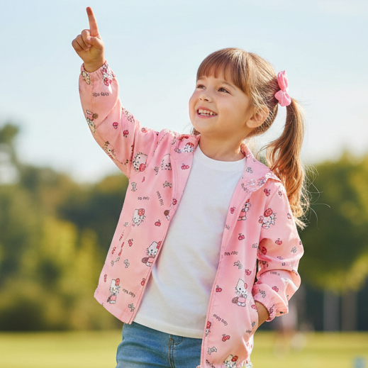 Full Sleeves Hooded Jacket Pink Happy Kitty Print