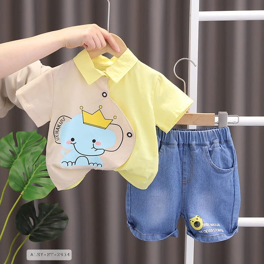 Two-Tone Cotton Polo Shirt with Crown Cat Print, Denim Shorts Set for Toddlers