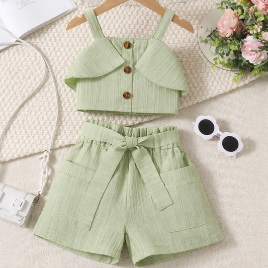 Girls' Two-Piece Set, Crop Top and High-Waist Shorts, Button Detail