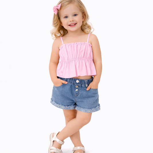 Checked Short Sleeves Top With Denim Shorts