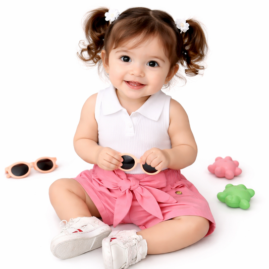 Girls Sleeveless White Top and Bow-Tie Shorts Set