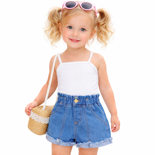 Girls' Tank Top and Denim Shorts Set, Elastic High Waist, Double Button Design