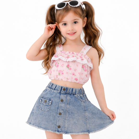 Girls Floral Crop Top and Denim Skirt Set, Pink and Blue