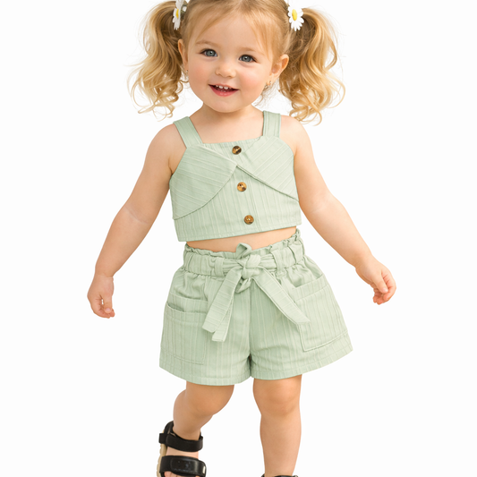Girls' Two-Piece Set, Crop Top and High-Waist Shorts, Button Detail