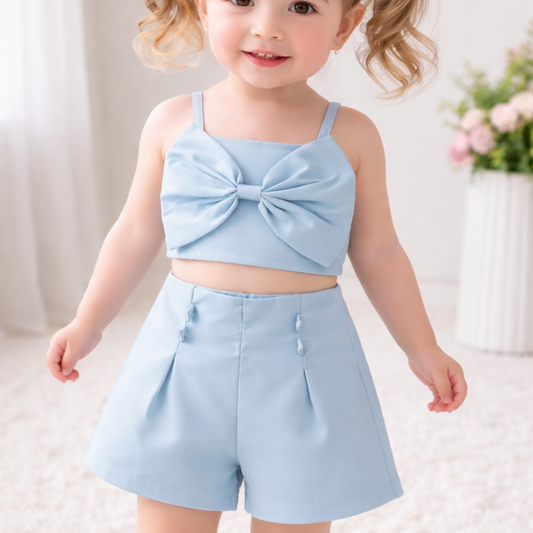 Blue Bow-Front Crop Top with Elastic Shorts
