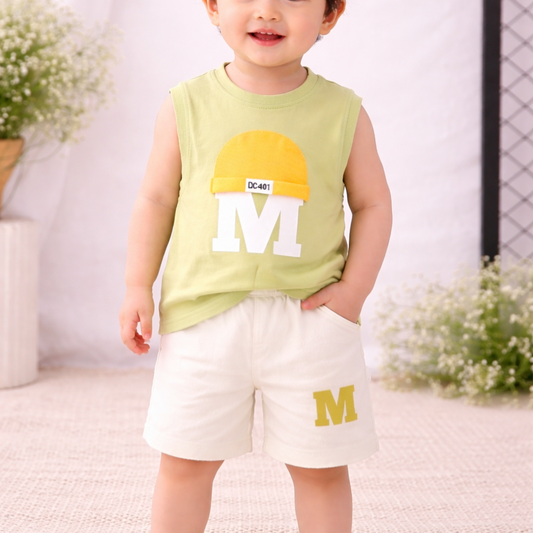 ToddlerSet,Sleeveless Top with M Logo and Shorts, Athletic Style