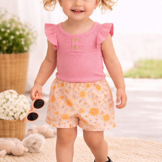 Baby Girl'S Cotton Ribbed Bodysuit With Floral Print, Headband