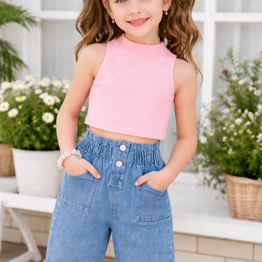 Girls' Sleeveless Pink Top and Denim Paperbag Waist Trousers Set, 2 Piece Casual Outfit