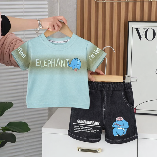 Baby Elephant Print T-Shirt and Shorts Set, Casual Wear