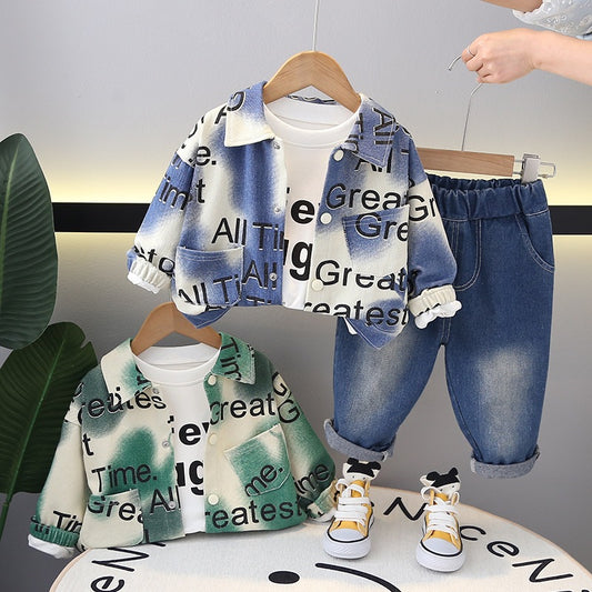 Kids Tie-Dye Print Long Sleeve Shirt and Denim Jeans Set, Blue and White, Casual Wear