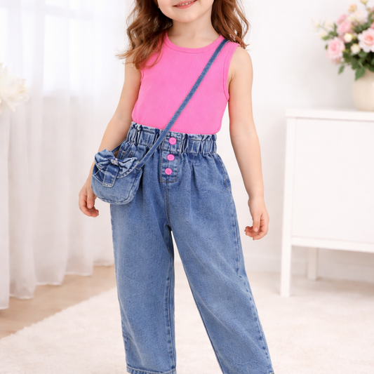 Girls' Pink Ribbed Crop Top and Denim Jeans Set With purse, Casual Outfit, 2 Pieces