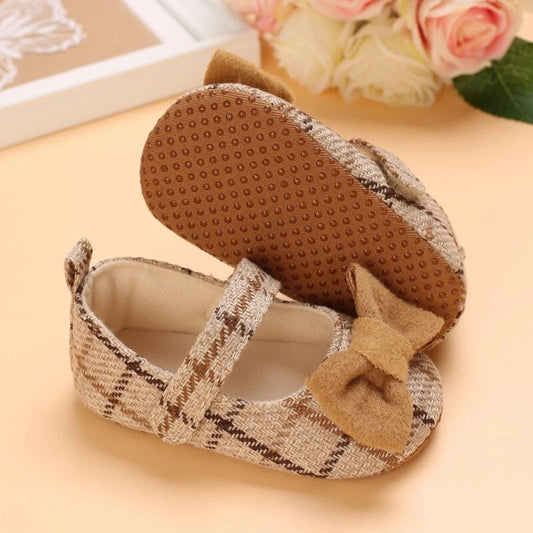 Baby Plaid Bow Loafers, Slip-on Crib Shoes, Brown and Beige