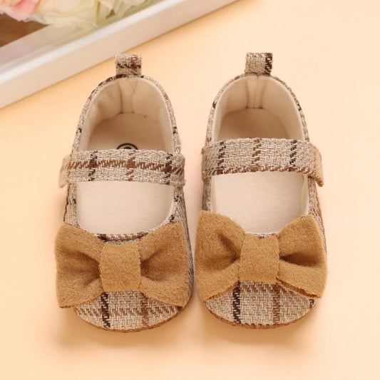 Baby Plaid Bow Loafers, Slip-on Crib Shoes, Brown and Beige