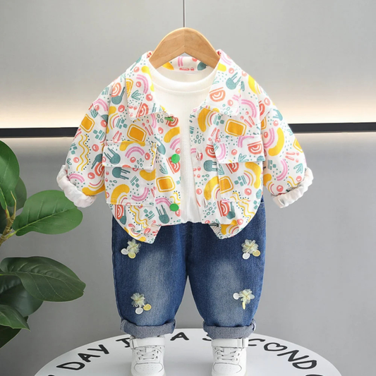 Fruit Print Long Sleeve Jacket with inside T- Shirt and Navy Blue Denim Pants Set, 3-Piece Outfit
