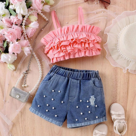 Denim Shorts with Pearl Embellishments and Ruffle Crop Top Set