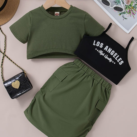 3-Piece Workout Set, Olive Green T-Shirt, Black Crop top and Shorts